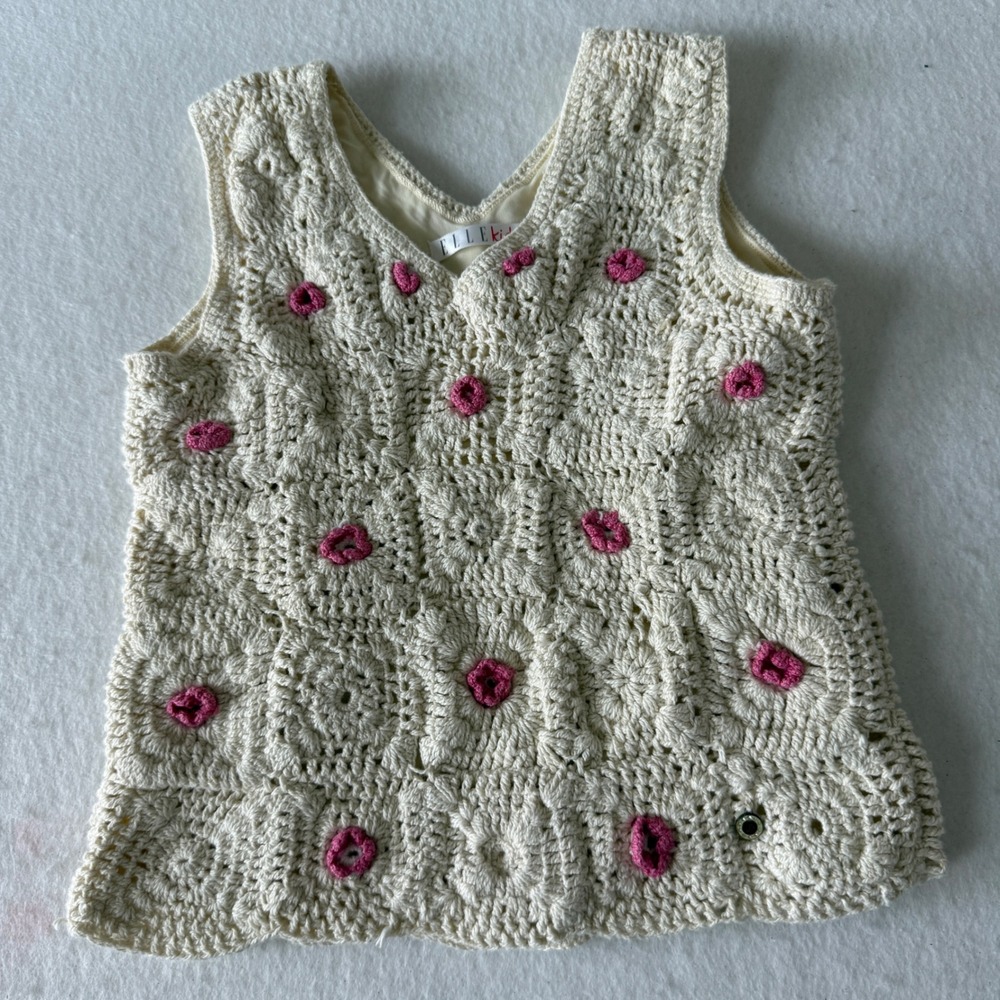 Elle Kids Crochet Boho Floral Vest Pink Rosebuds Girl 10 Years Cream Pink Y2K